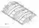 Fig. 02 - Plasticized and assembleable cover such as for use with waterway constructed transport barges including structurally reinforcing inner trusses, in-molded end wall ladder and four point lift locking/unlocking door for selectively accessing a barge interior